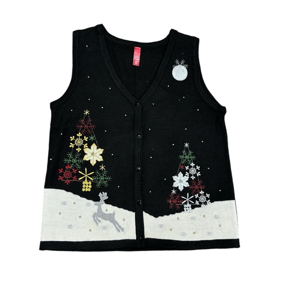 Women’s Holiday Christmas Trees Deer Large Sweater Button Front Vest Black EUC - Picture 3 of 7